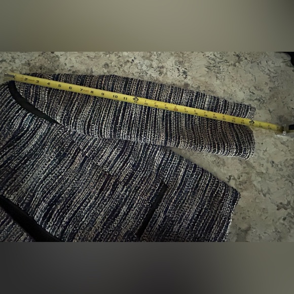 Alfred Dunner Tweed Metallic Blue Jacket Open Front Faux Vegan Leather Size 12 - Picture 12 of 12